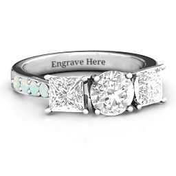 Majestic Round & Princess 3 Stone Ring with Accents in 925 Sterling Silver with White Premium Zirconia and Opal