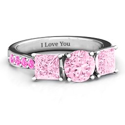 Majestic Round & Princess 3 Stone Ring with Accents in 925 Sterling Silver with Fancy Pink Premium Zirconia and Pink Tourmaline