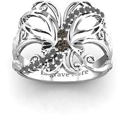 Glimmering Butterfly Ring in 925 Sterling Silver with Smokey Quartz and Black Premium Zirconia
