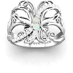 Glimmering Butterfly Ring in 925 Sterling Silver with Opal and White Premium Zirconia