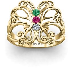 Precious Butterfly Ring in 9K Solid Yellow Gold with Emerald, Ruby, and Cubic Zirconia