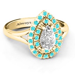 Cleopatra Double Halo Ring in 9K Solid Yellow Gold with White Premium Zirconia and Mint Premium Zirconia