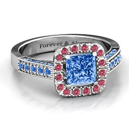 Brilliant Princess Ring with Profile Accents in 925 Sterling Silver with Fancy Blue Premium Zirconia and Red Premium Zirconia