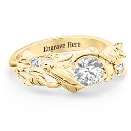 Solitaire Leaf Ring with Accent Stones in 9K Solid Yellow Gold with Cubic Zirconia