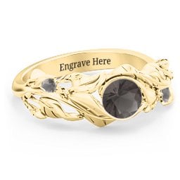 Solitaire Leaf Ring with Accent Stones