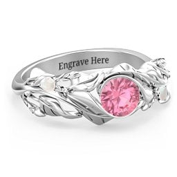 Solitaire Leaf Ring with Accent Stones in 925 Sterling Silver with Pink Tourmaline and Opal