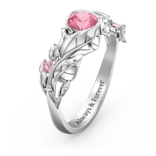 Solitaire Leaf Ring with Accent Stones