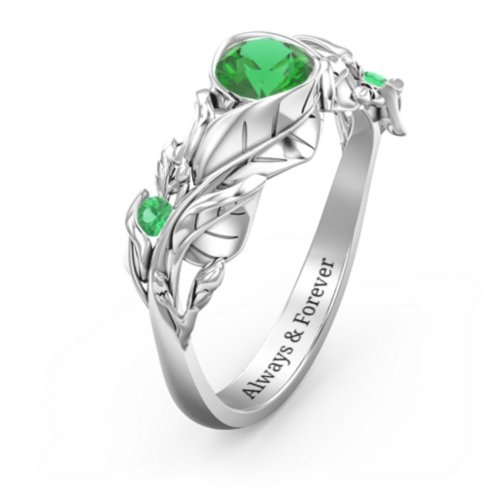 Solitaire Leaf Ring with Accent Stones