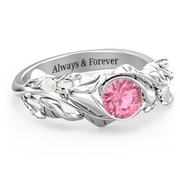 Solitaire Leaf Ring with Accent Stones in 925 Sterling Silver with Diamond, Pink Tourmaline, and Opal