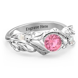 Solitaire Leaf Ring with Accent Stones in 925 Sterling Silver with Pink Tourmaline and Opal