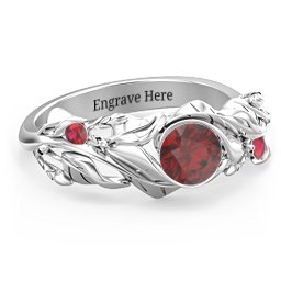 Solitaire Leaf Ring with Accent Stones in 925 Sterling Silver with Garnet