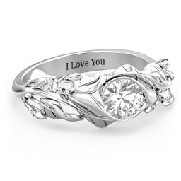 Solitaire Leaf Ring with Accent Stones in 925 Sterling Silver with White Premium Zirconia