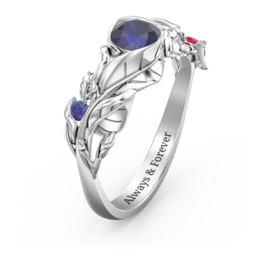 Solitaire Leaf Ring with Accent Stones – Sterling Silver with Blue Sapphire and Garnet