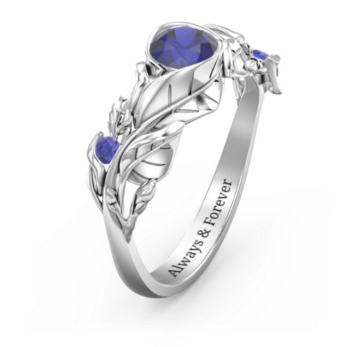 Solitaire Leaf Ring with Accent Stones – Sterling Silver with Blue Sapphire