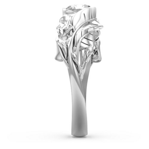 Solitaire Leaf Ring with Accent Stones – Sterling Silver with Cubic Zirconia