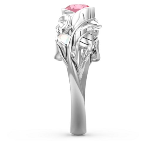 Solitaire Leaf Ring with Accent Stones – Sterling Silver with Pink Tourmaline and Opal