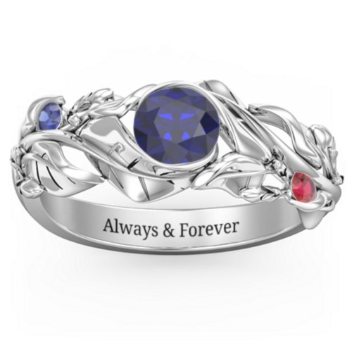 Solitaire Leaf Ring with Accent Stones – Sterling Silver with Blue Sapphire and Garnet