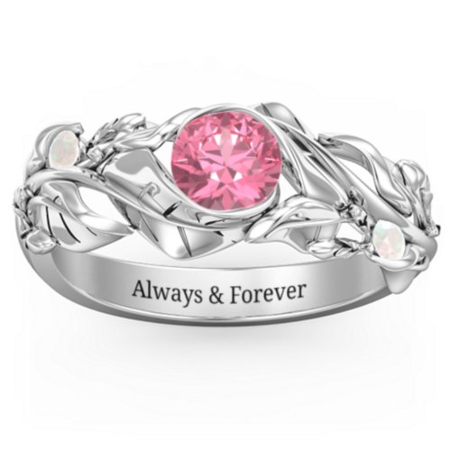 Solitaire Leaf Ring with Accent Stones – Sterling Silver with Pink Tourmaline and Opal