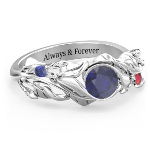 Solitaire Leaf Ring with Accent Stones – Sterling Silver with Blue Sapphire and Garnet
