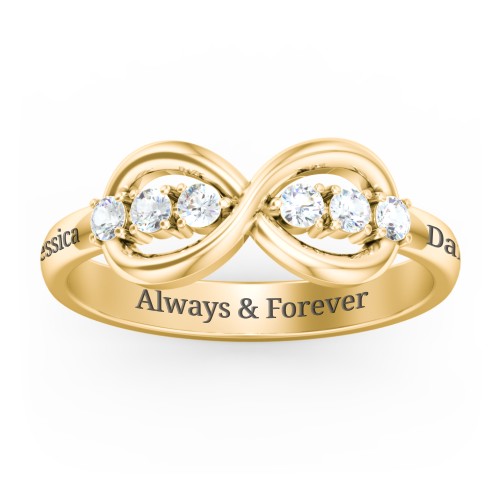 Engravable Infinity Ring with Birthstones – 9kt Yellow Gold with Cubic Zirconia