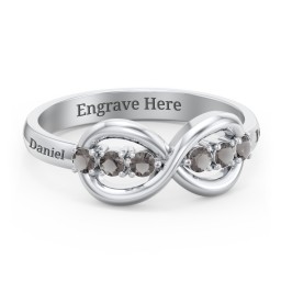 Engravable Infinity Ring with Birthstones in 925 Sterling Silver with Smokey Quartz