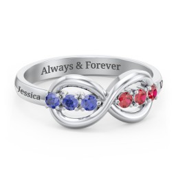 Engravable Infinity Ring with Birthstones in 925 Sterling Silver with Blue Sapphire and Garnet