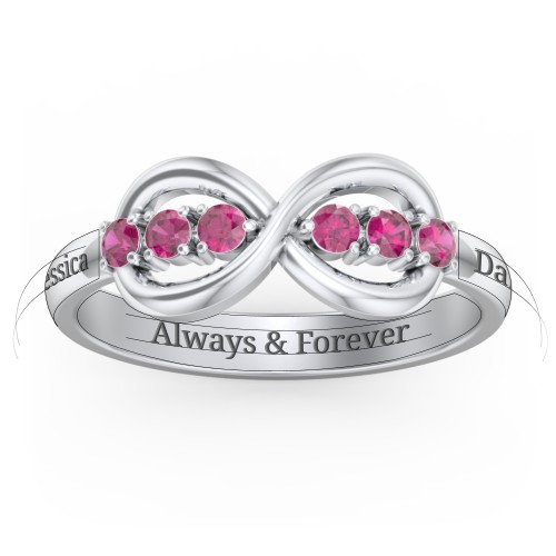 Engravable Infinity Ring with Birthstones – Sterling Silver with Ruby