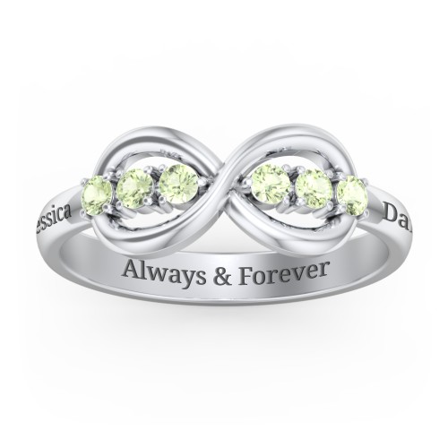 Engravable Infinity Ring with Birthstones – Sterling Silver with Peridot