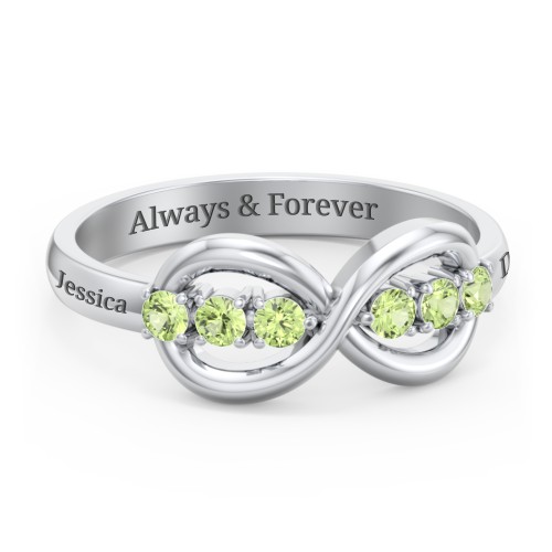 Engravable Infinity Ring with Birthstones – Sterling Silver with Peridot