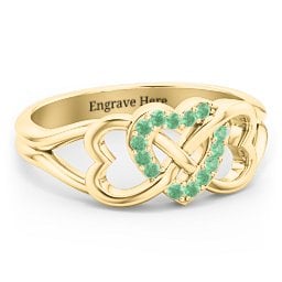 Triple Heart Infinity Ring in 18K Gold Plated Silver with Green Premium Zirconia