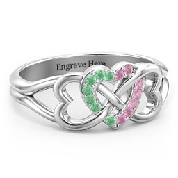 Triple Heart Infinity Ring in 925 Sterling Silver with Green Premium Zirconia and Red Premium Zirconia