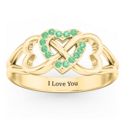 Triple Heart Infinity Ring – 18K Gold Plated Silver with Green Premium Zirconia