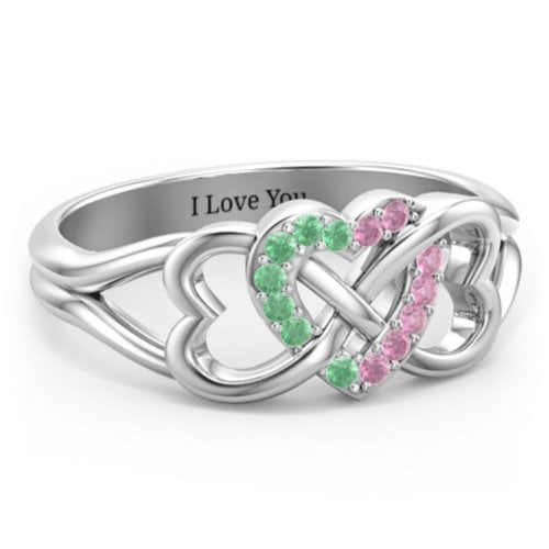 Triple Heart Infinity Ring – Sterling Silver with Green Premium Zirconia and Red Premium Zirconia