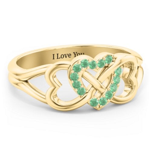 Triple Heart Infinity Ring – 18K Gold Plated Silver with Green Premium Zirconia