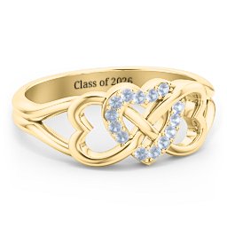 Triple Heart Infinity Ring in 18K Gold Plated Silver with Fancy Blue Premium Zirconia