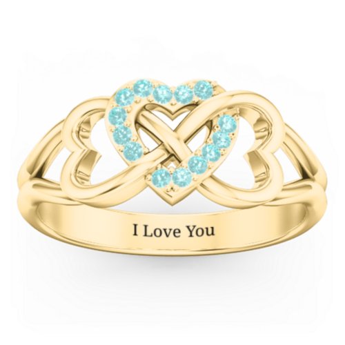 Triple Heart Infinity Ring – 9kt Yellow Gold with Mint Premium Zirconia