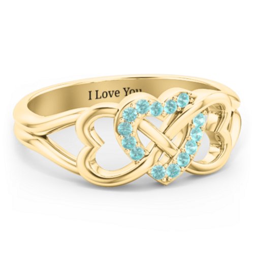Triple Heart Infinity Ring – 9kt Yellow Gold with Mint Premium Zirconia