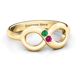 "Twosome" Infinity Ring in 9K Solid Yellow Gold with Emerald and Ruby