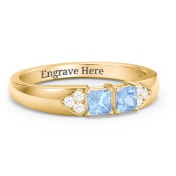 Classic 2-7 Princess Cut Ring with Accents in 9K Solid Yellow Gold with Blue Topaz and Cubic Zirconia