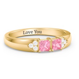 Classic 2-7 Princess Cut Ring with Accents in 9K Solid Yellow Gold with Pink Tourmaline and Cubic Zirconia