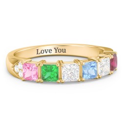 Classic 2-7 Princess Cut Ring with Accents in 9K Solid Yellow Gold with Pink Tourmaline, Emerald, and Cubic Zirconia