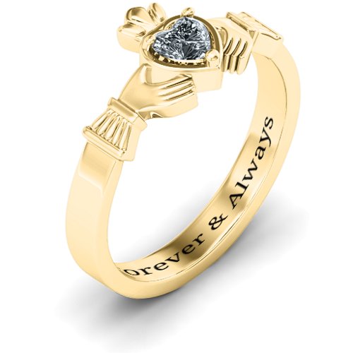 Heart Stone Claddagh Ring – 18K Gold Plated Silver with Cubic Zirconia