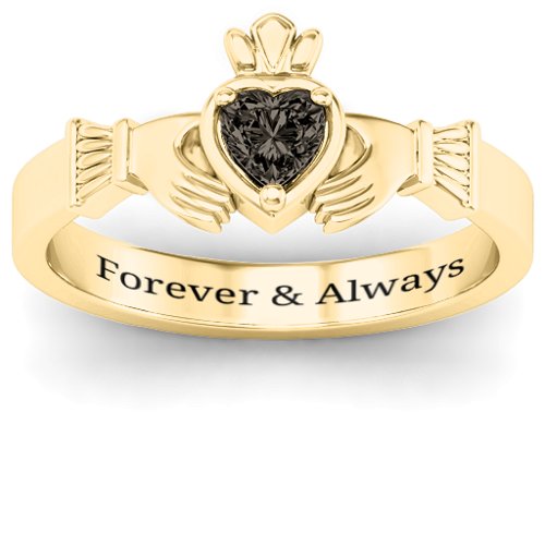 Heart Stone Claddagh Ring – 18K Gold Plated Silver with Smokey Quartz