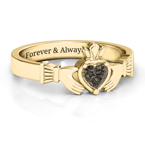 Heart Stone Claddagh Ring – 18K Gold Plated Silver with Smokey Quartz