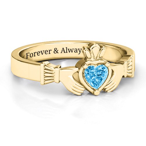 Heart Stone Claddagh Ring – 18K Gold Plated Silver with Blue Topaz