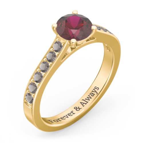 Elegant Duchess Ring with Shoulder Accents – 9kt Yellow Gold with Ruby and Smokey Quartz