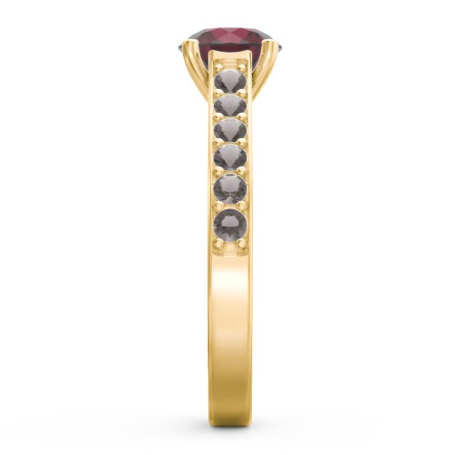 Elegant Duchess Ring with Shoulder Accents – 9kt Yellow Gold with Ruby and Smokey Quartz