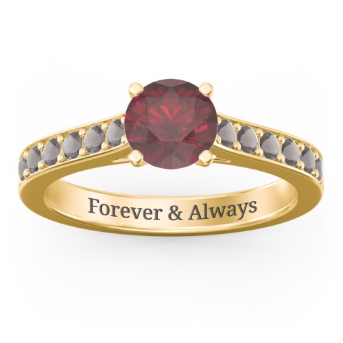 Elegant Duchess Ring with Shoulder Accents – 9kt Yellow Gold with Ruby and Smokey Quartz