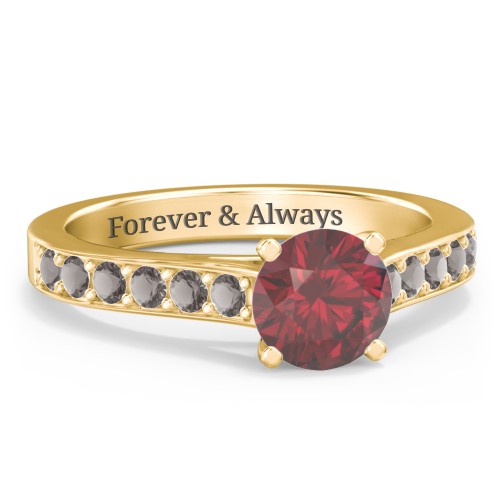 Elegant Duchess Ring with Shoulder Accents – 9kt Yellow Gold with Ruby and Smokey Quartz