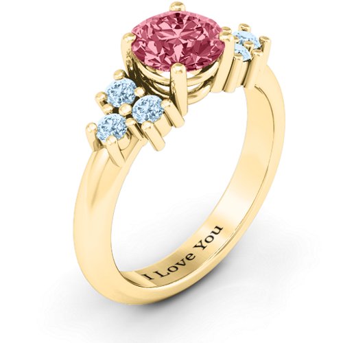 Flourish Engagement Ring – 9kt Yellow Gold with Red Premium Zirconia and Aquamarine